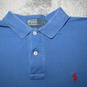 VTG Polo Ralph Lauren Men's Large Blue Cotton Short Sleeve Shirt Red Pony